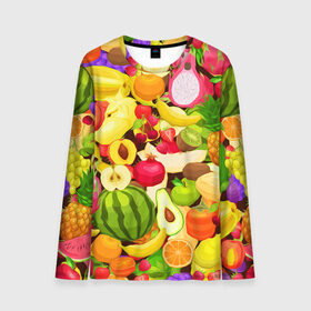 Мужской лонгслив 3D с принтом Веселые фрукты в Санкт-Петербурге, 100% полиэстер | длинные рукава, круглый вырез горловины, полуприлегающий силуэт | апельсин | арбуз | банан | виноград | груша | киви | овощи | питание | ппп | правильное | тайланд | фрукт | яблоко