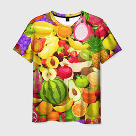 Мужская футболка 3D с принтом Веселые фрукты в Санкт-Петербурге, 100% полиэфир | прямой крой, круглый вырез горловины, длина до линии бедер | Тематика изображения на принте: апельсин | арбуз | банан | виноград | груша | киви | овощи | питание | ппп | правильное | тайланд | фрукт | яблоко