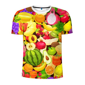Мужская футболка 3D спортивная с принтом Веселые фрукты в Санкт-Петербурге, 100% полиэстер с улучшенными характеристиками | приталенный силуэт, круглая горловина, широкие плечи, сужается к линии бедра | апельсин | арбуз | банан | виноград | груша | киви | овощи | питание | ппп | правильное | тайланд | фрукт | яблоко