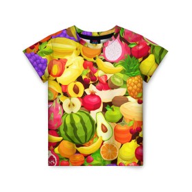 Детская футболка 3D с принтом Веселые фрукты в Санкт-Петербурге, 100% гипоаллергенный полиэфир | прямой крой, круглый вырез горловины, длина до линии бедер, чуть спущенное плечо, ткань немного тянется | апельсин | арбуз | банан | виноград | груша | киви | овощи | питание | ппп | правильное | тайланд | фрукт | яблоко