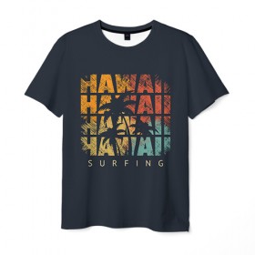 Мужская футболка 3D с принтом HAWAII в Санкт-Петербурге, 100% полиэфир | прямой крой, круглый вырез горловины, длина до линии бедер | Тематика изображения на принте: hawaii | гаваи | лето | океан | отдых | пальмы | пляж | серф