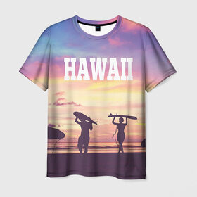 Мужская футболка 3D с принтом HAWAII 3 в Санкт-Петербурге, 100% полиэфир | прямой крой, круглый вырез горловины, длина до линии бедер | Тематика изображения на принте: hawaii | гаваи | лето | океан | отдых | пальмы | пляж | серф
