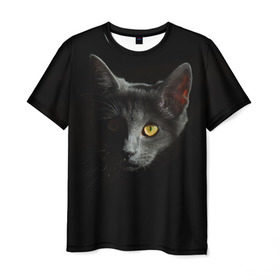 Мужская футболка 3D с принтом Кошачий взгляд в Санкт-Петербурге, 100% полиэфир | прямой крой, круглый вырез горловины, длина до линии бедер | Тематика изображения на принте: глаз | киска | кот | котёнок | кошка | прикольные картинки | темнота | тьма