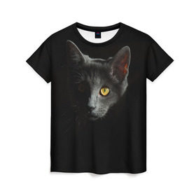Женская футболка 3D с принтом Кошачий взгляд в Санкт-Петербурге, 100% полиэфир ( синтетическое хлопкоподобное полотно) | прямой крой, круглый вырез горловины, длина до линии бедер | глаз | киска | кот | котёнок | кошка | прикольные картинки | темнота | тьма