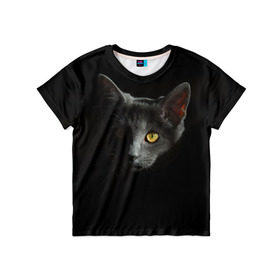 Детская футболка 3D с принтом Кошачий взгляд в Санкт-Петербурге, 100% гипоаллергенный полиэфир | прямой крой, круглый вырез горловины, длина до линии бедер, чуть спущенное плечо, ткань немного тянется | Тематика изображения на принте: глаз | киска | кот | котёнок | кошка | прикольные картинки | темнота | тьма