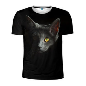 Мужская футболка 3D спортивная с принтом Кошачий взгляд в Санкт-Петербурге, 100% полиэстер с улучшенными характеристиками | приталенный силуэт, круглая горловина, широкие плечи, сужается к линии бедра | Тематика изображения на принте: глаз | киска | кот | котёнок | кошка | прикольные картинки | темнота | тьма