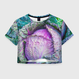 Женская футболка 3D укороченная с принтом Капуста в Санкт-Петербурге, 100% полиэстер | круглая горловина, длина футболки до линии талии, рукава с отворотами | дача | еда | зелень | капуста | овощи | огород | растения | цветная капуста