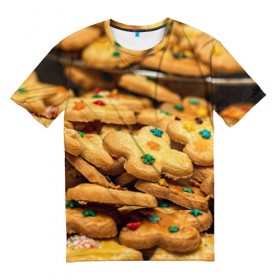 Мужская футболка 3D с принтом Печеньки в Санкт-Петербурге, 100% полиэфир | прямой крой, круглый вырез горловины, длина до линии бедер | десерт | еда | новый год | печенье | праздник | сладости