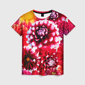 Женская футболка 3D с принтом Яркие цветы в Санкт-Петербурге, 100% полиэфир ( синтетическое хлопкоподобное полотно) | прямой крой, круглый вырез горловины, длина до линии бедер | красный | лепестки | прикольные картинки | цветочки | цветы