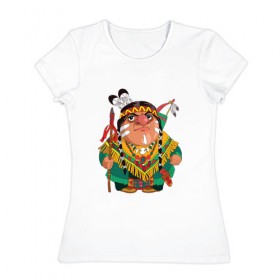 Женская футболка хлопок с принтом Забавные Индейцы 10 в Санкт-Петербурге, 100% хлопок | прямой крой, круглый вырез горловины, длина до линии бедер, слегка спущенное плечо | апачи | вождь | воин | животные | запад | канада | лидер | лицо | северная | смешные | талисман | цвет