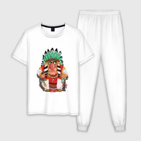 Мужская пижама хлопок с принтом Забавные Индейцы 12 в Санкт-Петербурге, 100% хлопок | брюки и футболка прямого кроя, без карманов, на брюках мягкая резинка на поясе и по низу штанин
 | Тематика изображения на принте: 
