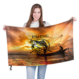 Флаг 3D с принтом Рыбалка в Санкт-Петербурге, 100% полиэстер | плотность ткани — 95 г/м2, размер — 67 х 109 см. Принт наносится с одной стороны | boat | clouds | emblem | fish | fishermen | fishing | logo | nature | net | reflection | river | sky | sturgeon | sun | sunset | water | wave | вода | волна | закат | логотип | лодка | небо | облака | осетр | отражение | природа | река | рыба | рыбаки | р