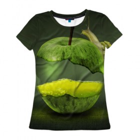 Женская футболка 3D с принтом Яблоко в Санкт-Петербурге, 100% полиэфир ( синтетическое хлопкоподобное полотно) | прямой крой, круглый вырез горловины, длина до линии бедер | арт | зеленый | новые | улитка | фантастика | фрукты | яблоко