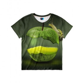 Детская футболка 3D с принтом Яблоко в Санкт-Петербурге, 100% гипоаллергенный полиэфир | прямой крой, круглый вырез горловины, длина до линии бедер, чуть спущенное плечо, ткань немного тянется | арт | зеленый | новые | улитка | фантастика | фрукты | яблоко