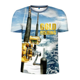 Мужская футболка 3D спортивная с принтом Золотая рыбалка в Санкт-Петербурге, 100% полиэстер с улучшенными характеристиками | приталенный силуэт, круглая горловина, широкие плечи, сужается к линии бедра | Тематика изображения на принте: boat | fishing rod | gold fishing | ocean | reel | rod | sea | sky | spinning | water | waves | вода | волны | золотая рыбалка | катушка | море | небо | океан | пиннинг | удилище | удочка | яхта