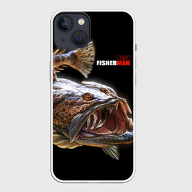 Чехол для iPhone 13 с принтом Лучший рыбак в Санкт-Петербурге,  |  | best fisherman | black background | deep | fish | fishing | jaws | predator | teeth | water | вода | глубина | зубы | лучший | пасть | рыба | рыбак | рыбалка | хищник | черный фон