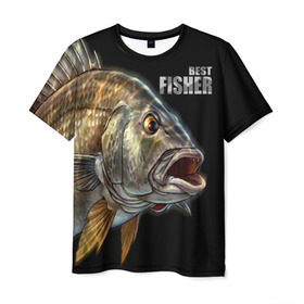 Мужская футболка 3D с принтом Лучший рыбак в Санкт-Петербурге, 100% полиэфир | прямой крой, круглый вырез горловины, длина до линии бедер | background | best fisherman | black | fish | fishing | лучший рыбак | рыба | рыбалка | фон | черный