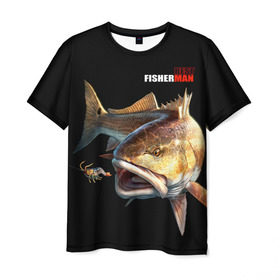 Мужская футболка 3D с принтом Лучший рыбак в Санкт-Петербурге, 100% полиэфир | прямой крой, круглый вырез горловины, длина до линии бедер | background | best fisherman | black | fish | fishing | лучший рыбак | рыба | рыбалка | фон | черный