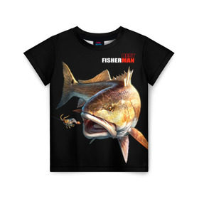 Детская футболка 3D с принтом Лучший рыбак в Санкт-Петербурге, 100% гипоаллергенный полиэфир | прямой крой, круглый вырез горловины, длина до линии бедер, чуть спущенное плечо, ткань немного тянется | background | best fisherman | black | fish | fishing | лучший рыбак | рыба | рыбалка | фон | черный