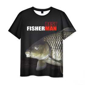 Мужская футболка 3D с принтом Лучший рыбак в Санкт-Петербурге, 100% полиэфир | прямой крой, круглый вырез горловины, длина до линии бедер | background | best fisherman | black | fish | fishing | лещ | лучший рыбак | рыба | рыбалка | фон | черный