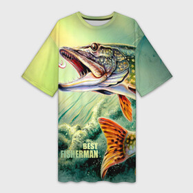 Платье-футболка 3D с принтом Лучший рыбак в Санкт-Петербурге,  |  | bait | best fisherman | driftwood | fish | fishing | hook | pike | river bottom | water | вода | дно | коряга | крючок | лучший рыбак | наживка | река | рыба | рыбалка | щука
