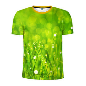 Мужская футболка 3D спортивная с принтом Роса на траве в Санкт-Петербурге, 100% полиэстер с улучшенными характеристиками | приталенный силуэт, круглая горловина, широкие плечи, сужается к линии бедра | Тематика изображения на принте: зелёный | зелень | луг | роса | яркий