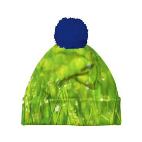 Шапка 3D c помпоном с принтом Роса на траве в Санкт-Петербурге, 100% полиэстер | универсальный размер, печать по всей поверхности изделия | зелёный | зелень | луг | роса | яркий