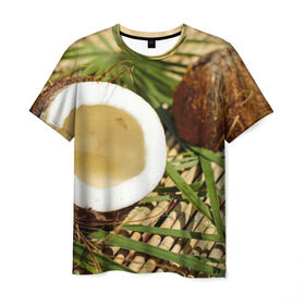 Мужская футболка 3D с принтом Кокос в Санкт-Петербурге, 100% полиэфир | прямой крой, круглый вырез горловины, длина до линии бедер | бамбук | белый | еда | зеленый | кокос | лето | листья | орех | природа | продукты