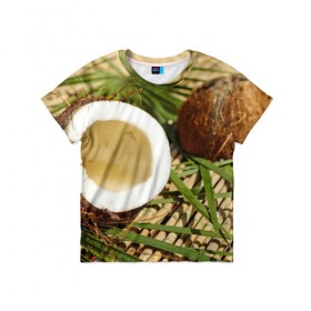 Детская футболка 3D с принтом Кокос в Санкт-Петербурге, 100% гипоаллергенный полиэфир | прямой крой, круглый вырез горловины, длина до линии бедер, чуть спущенное плечо, ткань немного тянется | бамбук | белый | еда | зеленый | кокос | лето | листья | орех | природа | продукты