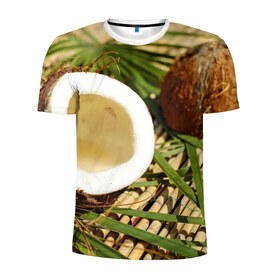Мужская футболка 3D спортивная с принтом Кокос в Санкт-Петербурге, 100% полиэстер с улучшенными характеристиками | приталенный силуэт, круглая горловина, широкие плечи, сужается к линии бедра | Тематика изображения на принте: бамбук | белый | еда | зеленый | кокос | лето | листья | орех | природа | продукты