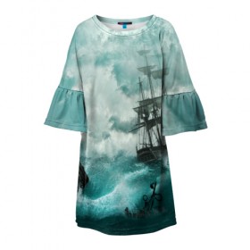 Детское платье 3D с принтом Море в Санкт-Петербурге, 100% полиэстер | прямой силуэт, чуть расширенный к низу. Круглая горловина, на рукавах — воланы | бочка | вода | волны | корабль | море | небо | новые | облака | океан | природа | шторм | якорь