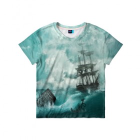 Детская футболка 3D с принтом Море в Санкт-Петербурге, 100% гипоаллергенный полиэфир | прямой крой, круглый вырез горловины, длина до линии бедер, чуть спущенное плечо, ткань немного тянется | бочка | вода | волны | корабль | море | небо | новые | облака | океан | природа | шторм | якорь