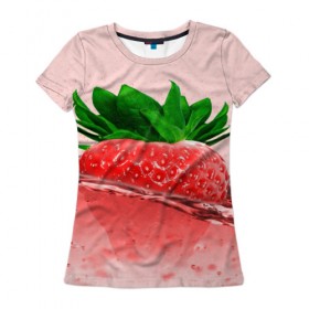 Женская футболка 3D с принтом Клубника в Санкт-Петербурге, 100% полиэфир ( синтетическое хлопкоподобное полотно) | прямой крой, круглый вырез горловины, длина до линии бедер | вода | еда | зеленый | капли | клубника | красный | лето | напиток | ягода