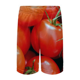 Детские спортивные шорты 3D с принтом Томаты в Санкт-Петербурге,  100% полиэстер
 | пояс оформлен широкой мягкой резинкой, ткань тянется
 | Тематика изображения на принте: дача | еда | зелень | красный | овощи | огород | помидоры | томаты