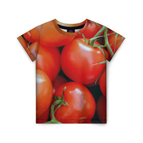 Детская футболка 3D с принтом Томаты в Санкт-Петербурге, 100% гипоаллергенный полиэфир | прямой крой, круглый вырез горловины, длина до линии бедер, чуть спущенное плечо, ткань немного тянется | дача | еда | зелень | красный | овощи | огород | помидоры | томаты