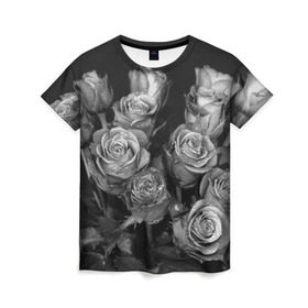 Женская футболка 3D с принтом Черно-белые розы в Санкт-Петербурге, 100% полиэфир ( синтетическое хлопкоподобное полотно) | прямой крой, круглый вырез горловины, длина до линии бедер | букет | цветы