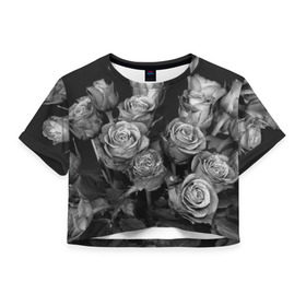 Женская футболка 3D укороченная с принтом Черно-белые розы в Санкт-Петербурге, 100% полиэстер | круглая горловина, длина футболки до линии талии, рукава с отворотами | букет | цветы