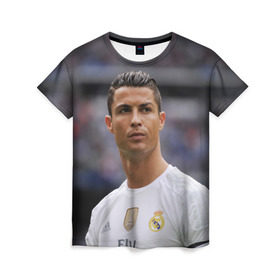 Женская футболка 3D с принтом Cristiano Ronaldo в Санкт-Петербурге, 100% полиэфир ( синтетическое хлопкоподобное полотно) | прямой крой, круглый вырез горловины, длина до линии бедер | криштиану роналду | реал мадрид