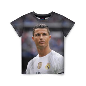 Детская футболка 3D с принтом Cristiano Ronaldo в Санкт-Петербурге, 100% гипоаллергенный полиэфир | прямой крой, круглый вырез горловины, длина до линии бедер, чуть спущенное плечо, ткань немного тянется | Тематика изображения на принте: криштиану роналду | реал мадрид