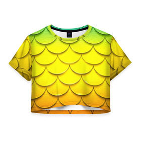 Женская футболка 3D укороченная с принтом Волны в Санкт-Петербурге, 100% полиэстер | круглая горловина, длина футболки до линии талии, рукава с отворотами | желтый | паттерн | чешуя