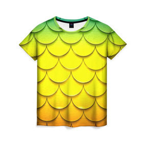 Женская футболка 3D с принтом Волны в Санкт-Петербурге, 100% полиэфир ( синтетическое хлопкоподобное полотно) | прямой крой, круглый вырез горловины, длина до линии бедер | желтый | паттерн | чешуя