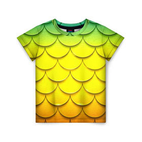 Детская футболка 3D с принтом Волны в Санкт-Петербурге, 100% гипоаллергенный полиэфир | прямой крой, круглый вырез горловины, длина до линии бедер, чуть спущенное плечо, ткань немного тянется | Тематика изображения на принте: желтый | паттерн | чешуя