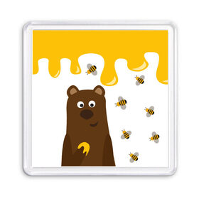 Магнит 55*55 с принтом Медведь в мёде в Санкт-Петербурге, Пластик | Размер: 65*65 мм; Размер печати: 55*55 мм | мёд | медведь | миша | пчелы