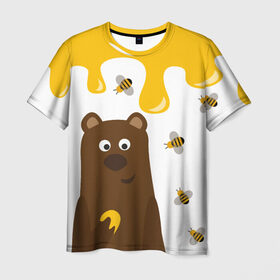 Мужская футболка 3D с принтом Медведь в мёде в Санкт-Петербурге, 100% полиэфир | прямой крой, круглый вырез горловины, длина до линии бедер | Тематика изображения на принте: мёд | медведь | миша | пчелы