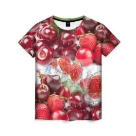 Женская футболка 3D с принтом Ягоды и брызги в Санкт-Петербурге, 100% полиэфир ( синтетическое хлопкоподобное полотно) | прямой крой, круглый вырез горловины, длина до линии бедер | брызги | вишня | вода | клубника | летний | лето | нежный | сочный | ягода