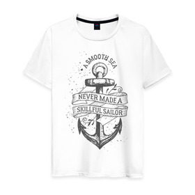 Мужская футболка хлопок с принтом Гладкое море в Санкт-Петербурге, 100% хлопок | прямой крой, круглый вырез горловины, длина до линии бедер, слегка спущенное плечо. | Тематика изображения на принте: море | моряк | символы | якорь