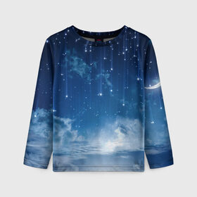 Детский лонгслив 3D с принтом Ночное небо и звёзда в Санкт-Петербурге, 100% полиэстер | длинные рукава, круглый вырез горловины, полуприлегающий силуэт
 | звёзды | небо | ночной | облака | синий