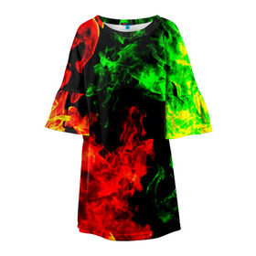 Детское платье 3D с принтом Огненная битва в Санкт-Петербурге, 100% полиэстер | прямой силуэт, чуть расширенный к низу. Круглая горловина, на рукавах — воланы | Тематика изображения на принте: дым | зеленый | красный | огонь