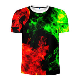 Мужская футболка 3D спортивная с принтом Огненная битва в Санкт-Петербурге, 100% полиэстер с улучшенными характеристиками | приталенный силуэт, круглая горловина, широкие плечи, сужается к линии бедра | дым | зеленый | красный | огонь