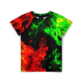 Детская футболка 3D с принтом Огненная битва в Санкт-Петербурге, 100% гипоаллергенный полиэфир | прямой крой, круглый вырез горловины, длина до линии бедер, чуть спущенное плечо, ткань немного тянется | дым | зеленый | красный | огонь
